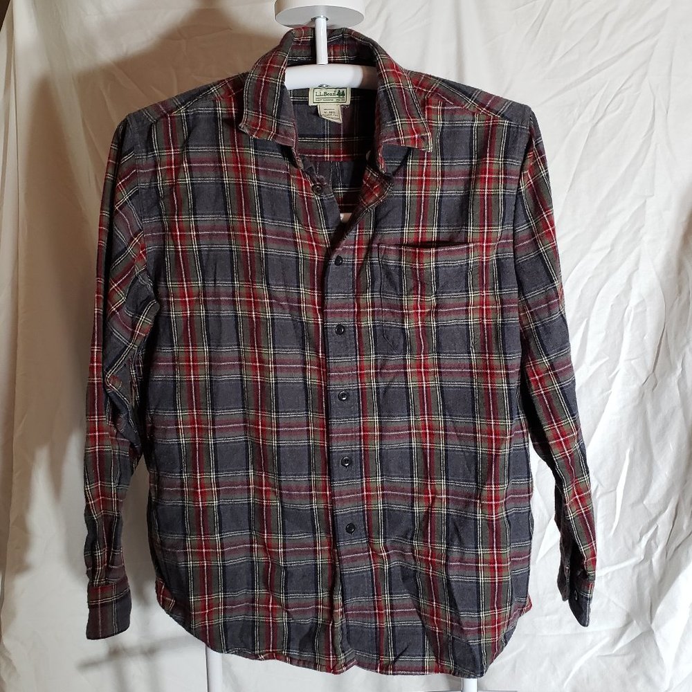 LL Bean Plaid Button Down Long Sleeve Shirt Gray and Red Size M